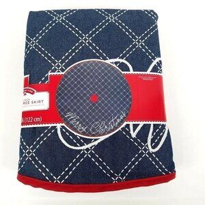 New Holiday Time 48" Merry Christmas Tree Skirt Denim Blue‎ Top Stitch Red Trim